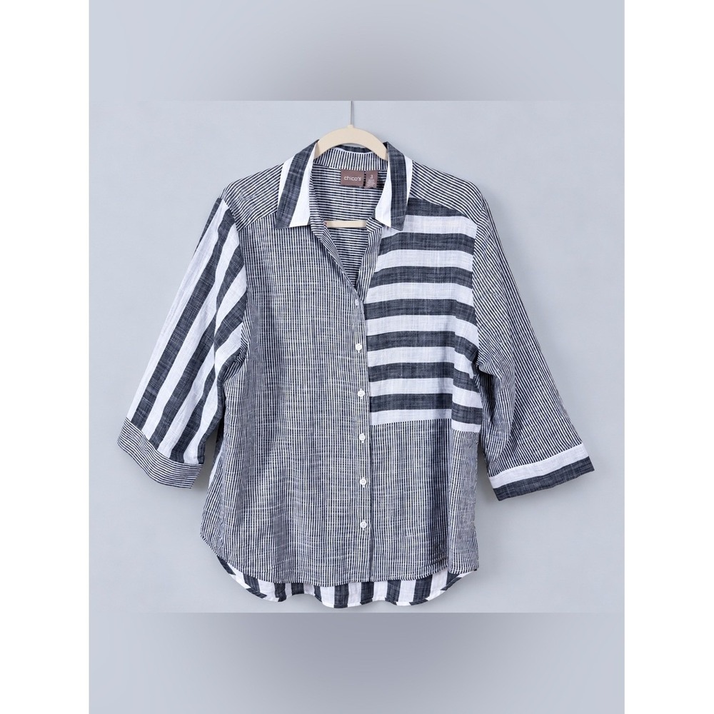 Chicos Striped Button Down Top XL Bohemian Lagenlook Nautical Wide Sleeves